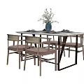 Modern Dining Table Set with Wooden Chairs Decorative Vase Greenery and Tableware 3d model