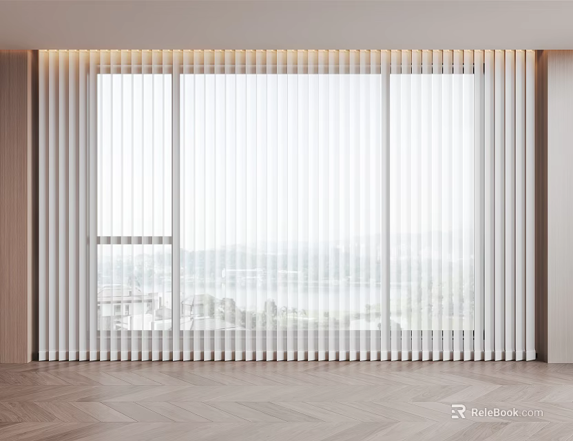 Bright Modern Interior With Vertical Slat Partition And Wooden Frame Design 3d model 