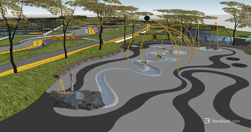 Beautiful Park Landscape Design with Winding Paths Water Features and Yellow Arch Structures 3d model