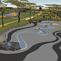 Beautiful Park Landscape Design with Winding Paths Water Features and Yellow Arch Structures 3d model