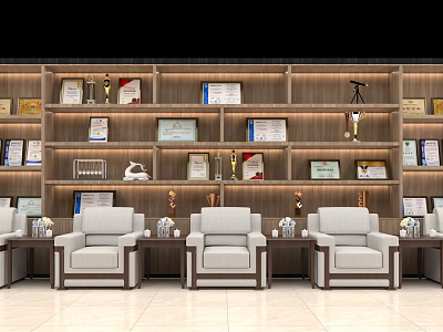 Elegant Modern Single Sofa In Reception Area With Wooden Bookshelf Trophies And Certificates 3d model