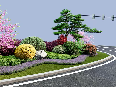 Colorful Shrubs in Roadside Landscape Design With Green Lawn Decorative Stones and Trees 3d model