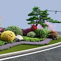 Colorful Shrubs in Roadside Landscape Design With Green Lawn Decorative Stones and Trees