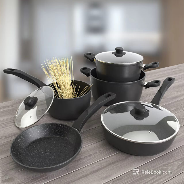 Black Non Stick Cookware Set With Frying Pans Sauce Pots And Lids For Pasta Cooking 3d model 