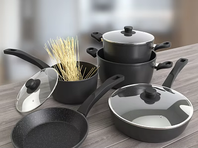 Black Non Stick Cookware Set With Frying Pans Sauce Pots And Lids For Pasta Cooking 3d model