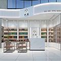 Elegant Specialty Store Interior With Shelves Products Counter And Wooden Tables
