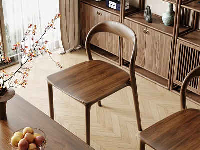 Natural Style Dining Space With Wooden Chairs Table And Herringbone Floor 3d model