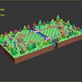 Cartoon Pixel Art Garden Scene with Green Trees Checkerboard Paths and Water Features