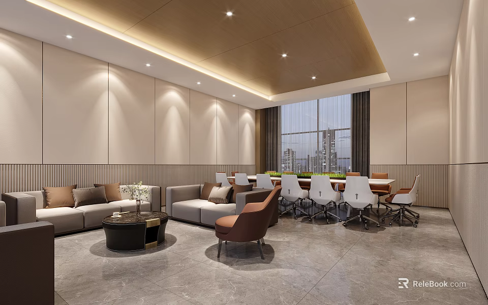 Modern Conference Room Interior Design With Sofas Chairs Table And Large Window 3d model