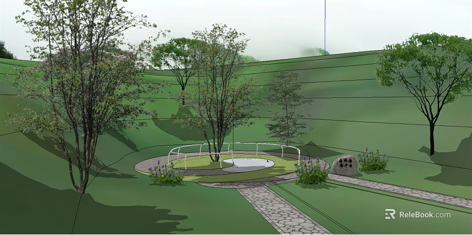 Scenic Landscape Design Featuring Green Lawn Trees Circular Seating Area Stone Pathway And Plants 3d model 