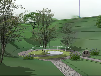 Scenic Landscape Design Featuring Green Lawn Trees Circular Seating Area Stone Pathway And Plants 3d model