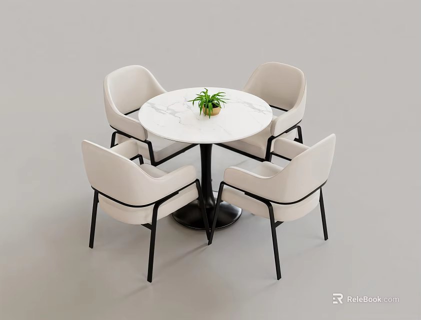 Round White Marble Top Dining Table Set With Four White Chairs And Small Green Plant 3d model 