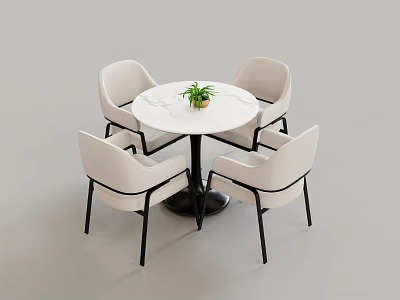 Round White Marble Top Dining Table Set With Four White Chairs And Small Green Plant 3d model