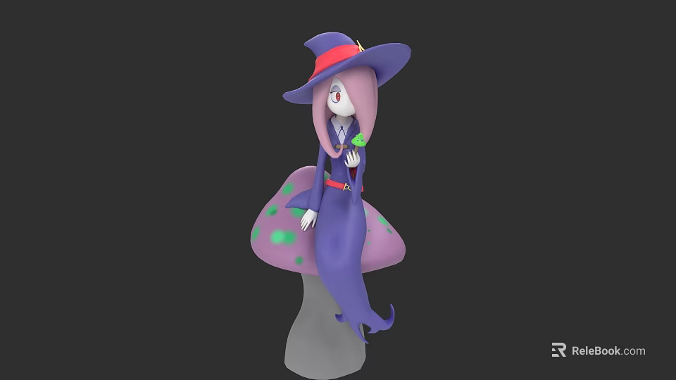 Game Movie Character With Purple Red Trim Hat Pink Hair Sitting On Purple Spotted Mushroom 3d model 