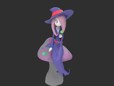 Game Movie Character With Purple Red Trim Hat Pink Hair Sitting On Purple Spotted Mushroom 3d model
