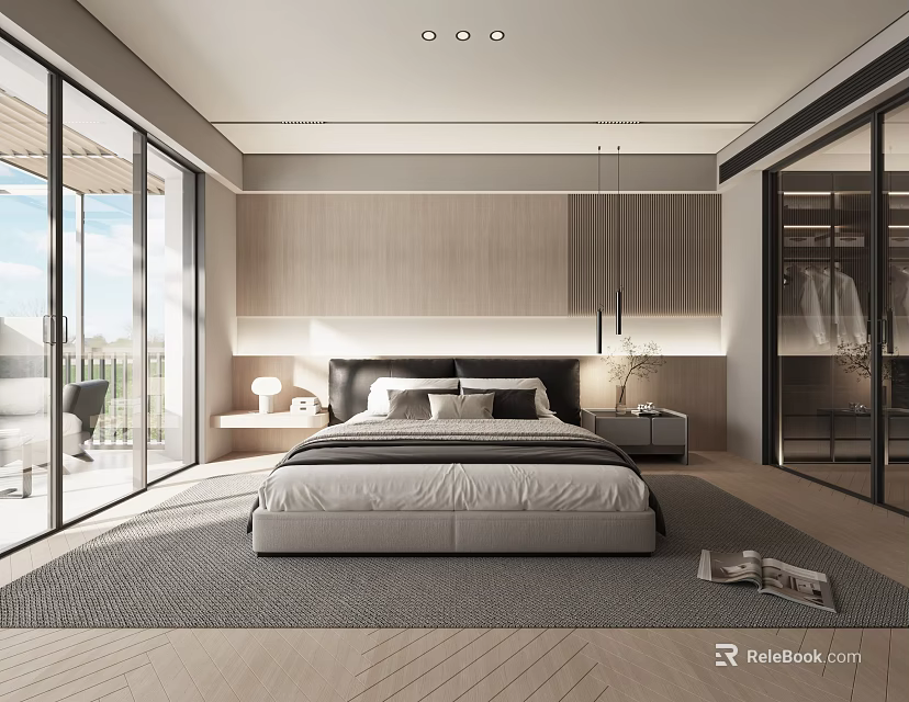 Modern Bedroom Interior With King Size Bed Wardrobe Area Rug And Floor To Ceiling Windows 3d model 