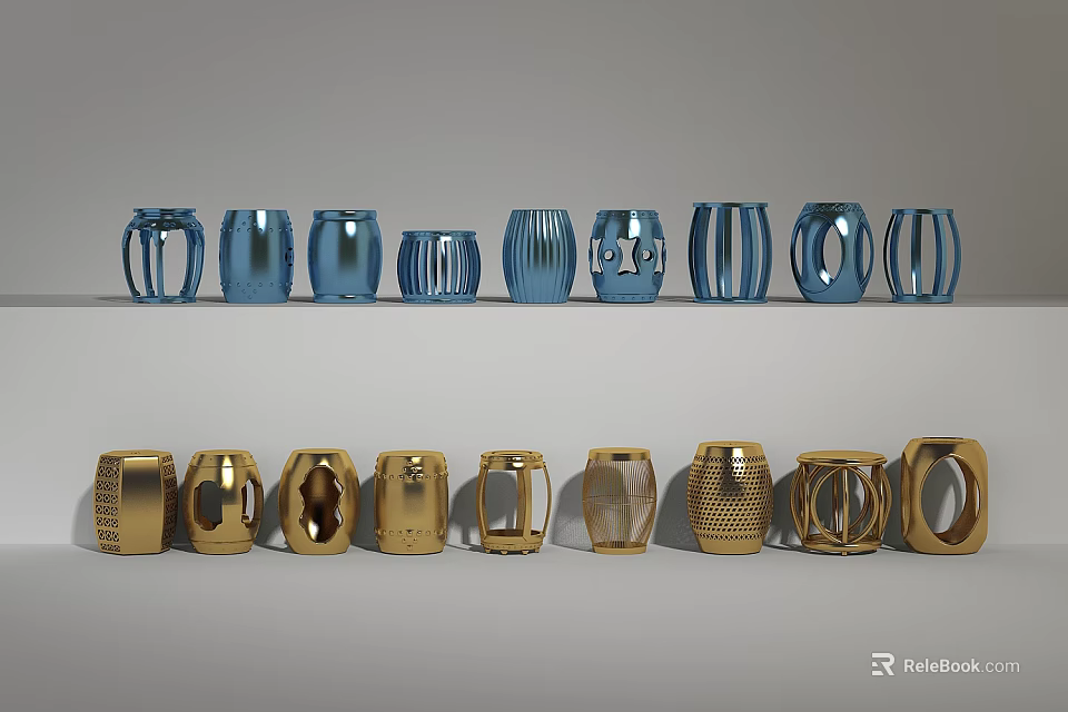 Blue and Gold Stools with Different Designs Displayed in Two Rows for Home Decor 3d model