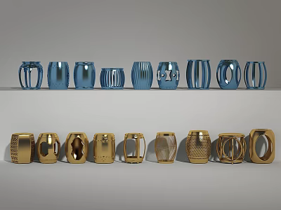 Blue and Gold Stools with Different Designs Displayed in Two Rows for Home Decor 3d model