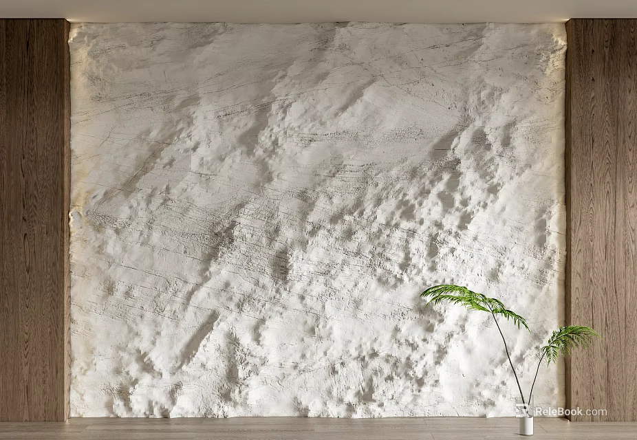 Textured White Background Wall With Wooden Side Frames And Green Plant 3d model 