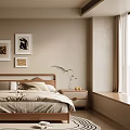 Modern Bedroom Interior With Wooden Bed Wardrobe Framed Art And Round Rug