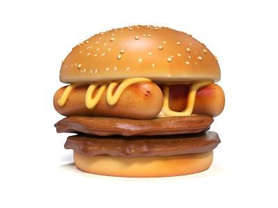 Delicious Juicy Burger With Sesame Seed Bun Sausage Cheese Sauce And Bacon Patty 3d model