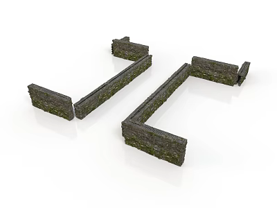 Wooden and Stone Garden Structures with L Shaped Linear Mossy Design Details 3d model