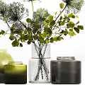 Decorative Glass and Ceramic Vases with Green Leaves and White Flowers Arrangement