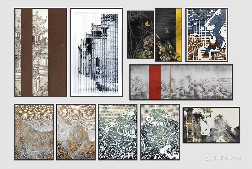 Traditional And Modern Art Prints With Chinese Architecture Landscape And Abstract Designs 3d model 