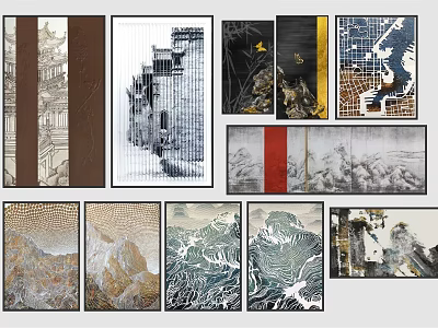 Traditional And Modern Art Prints With Chinese Architecture Landscape And Abstract Designs 3d model