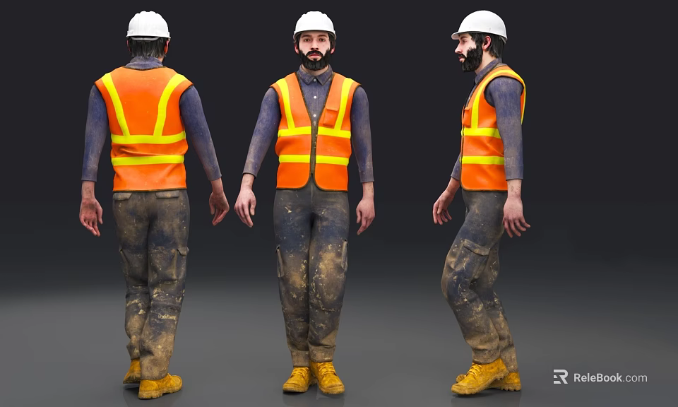 Man Wearing White Hard Hat Orange Safety Vest Blue Shirt Muddy Pants And Yellow Boots 3d model 