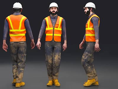Man Wearing White Hard Hat Orange Safety Vest Blue Shirt Muddy Pants And Yellow Boots 3d model