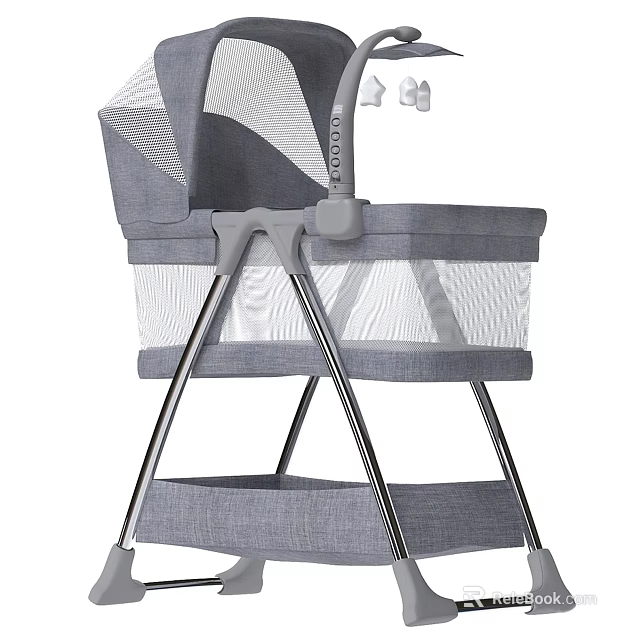 Gray Fabric Baby Crib With Breathable Mesh Sides And Metal Frame Storage Shelf 3d model 