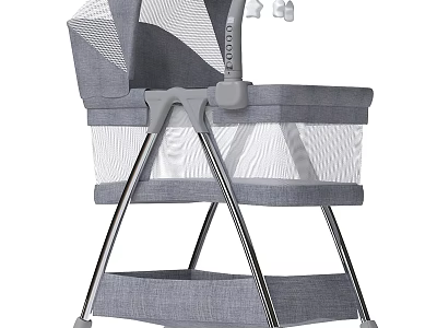 Gray Fabric Baby Crib With Breathable Mesh Sides And Metal Frame Storage Shelf 3d model