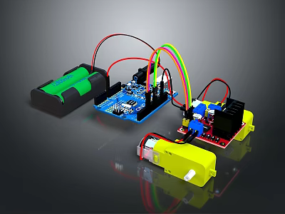 Computer Electronic Components With Circuit Board Battery Motor And Colored Wires 3d model