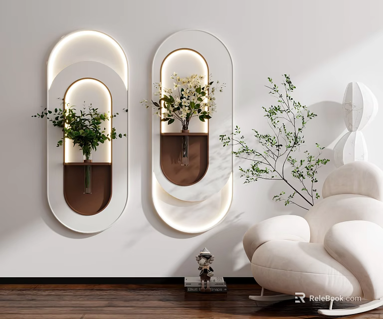 Modern Interior Decor With Oval Wall Planters Green Plants White Flowers And White Chair 3d model 