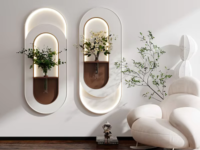 Modern Interior Decor With Oval Wall Planters Green Plants White Flowers And White Chair 3d model