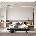 Contemporary Minimalist Bedroom Design With Platform Bed Pendant Light Area Rug Wooden Floor