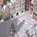 Aerial Planning View Of Winter Square With Snow Covered Ground Benches And Christmas Tree