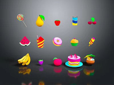 Colorful Assorted Food Collection With Fruits Sweets And Desserts Like Strawberry Banana And Cake 3d model