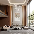 Duplex Living Room Interior With Marble Accent Wall Spiral Chandelier Fireplace TV And Large Windows