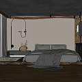 Industrial Style Hotel Guest Room Interior With Gray Bedding Wooden Floor And Decorative Lights