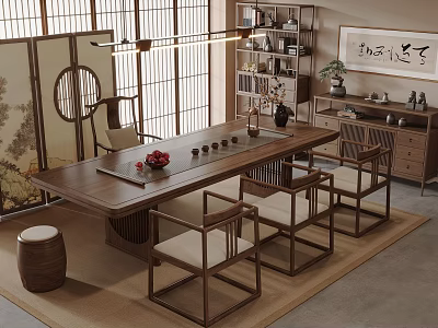 Traditional Chinese Tea Room With Long Wooden Table Chairs Tea Sets Screen Bookshelf And Calligraphy 3d model