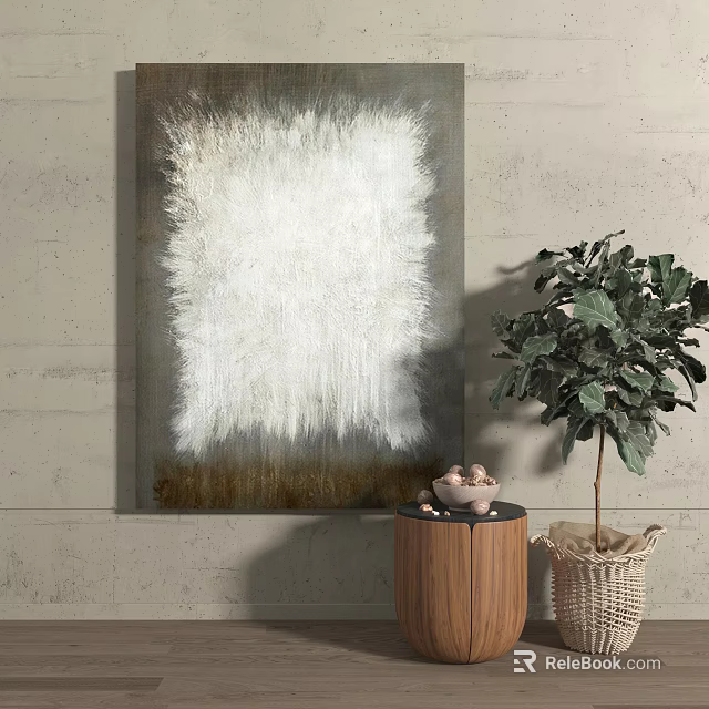 Large White Textured Painting On Gray Wall With Wooden Table And Green Plant 3d model 