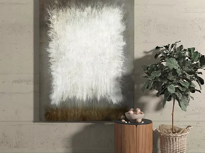 Large White Textured Painting On Gray Wall With Wooden Table And Green Plant 3d model