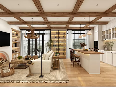 Open Concept Living Dining Room Interior With Wooden Ceiling Pendant Lights And White Sofa 3d model