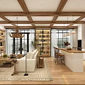 Open Concept Living Dining Room Interior With Wooden Ceiling Pendant Lights And White Sofa
