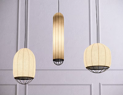 Three Pendant Lights With Cream Fabric Shades Black Metal Frames On White Paneled Wall 3d model