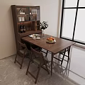 Wooden Dining Table With Four Chairs And Cabinet Featuring Fruit Plate Teacups Vase