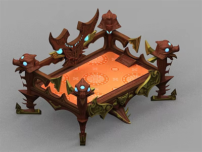Fantasy Decorative Platform with Carved Mythical Creature Motifs Orange Surface and Glowing Blue Accents 3d model