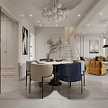 Modern Elegant Dining And Living Room Interior With Chandelier Dining Table And Blue Chairs